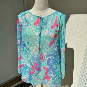 PETER NYGARD- SZ-8P. Beautiful Pink/Light Blue Blouse W/Gold Accents.Lon…